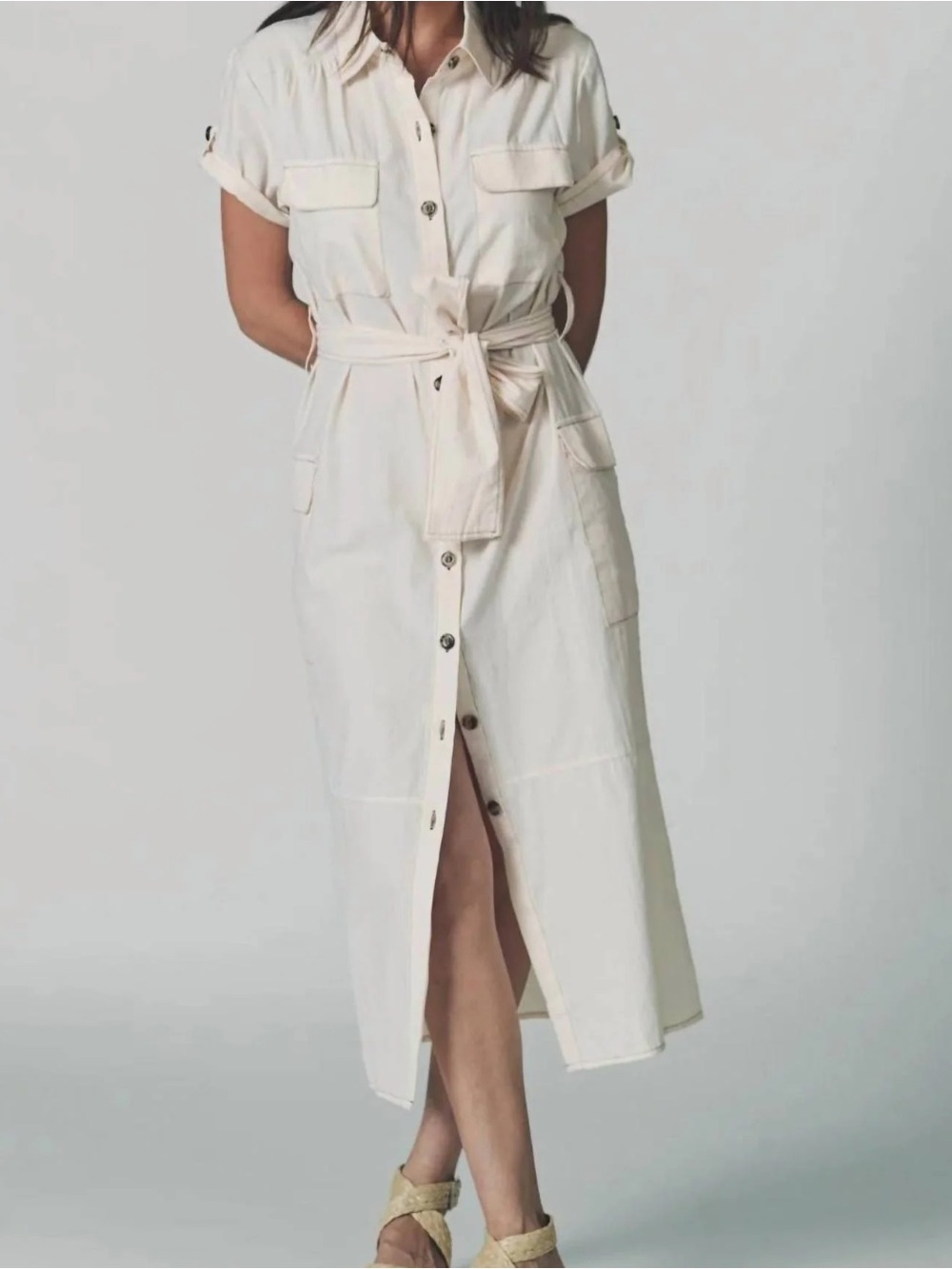 The Shirt by Rochelle Behrens Cream Button-Front Shirt Midi Dress